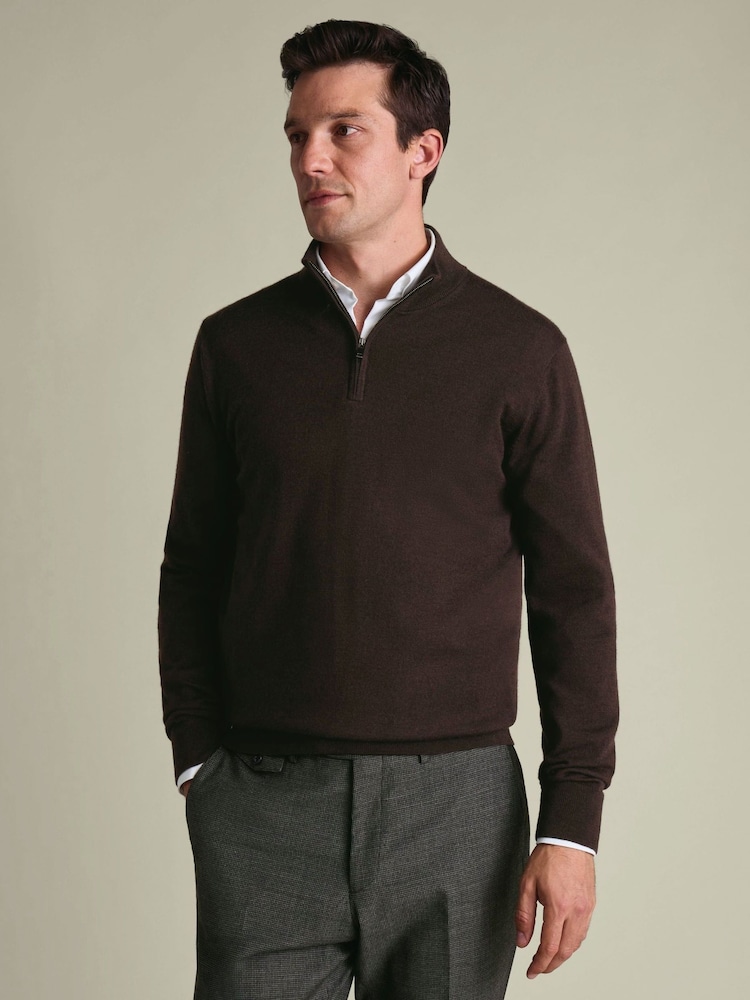 Charles Tyrwhitt Chocolate Brown Pure Merino Quarter Zip Jumper - Image 1 of 5 Charles Tyrwhitt Chocolate Brown Pure Merino Quarter Zip Jumper - Image 1 of 5