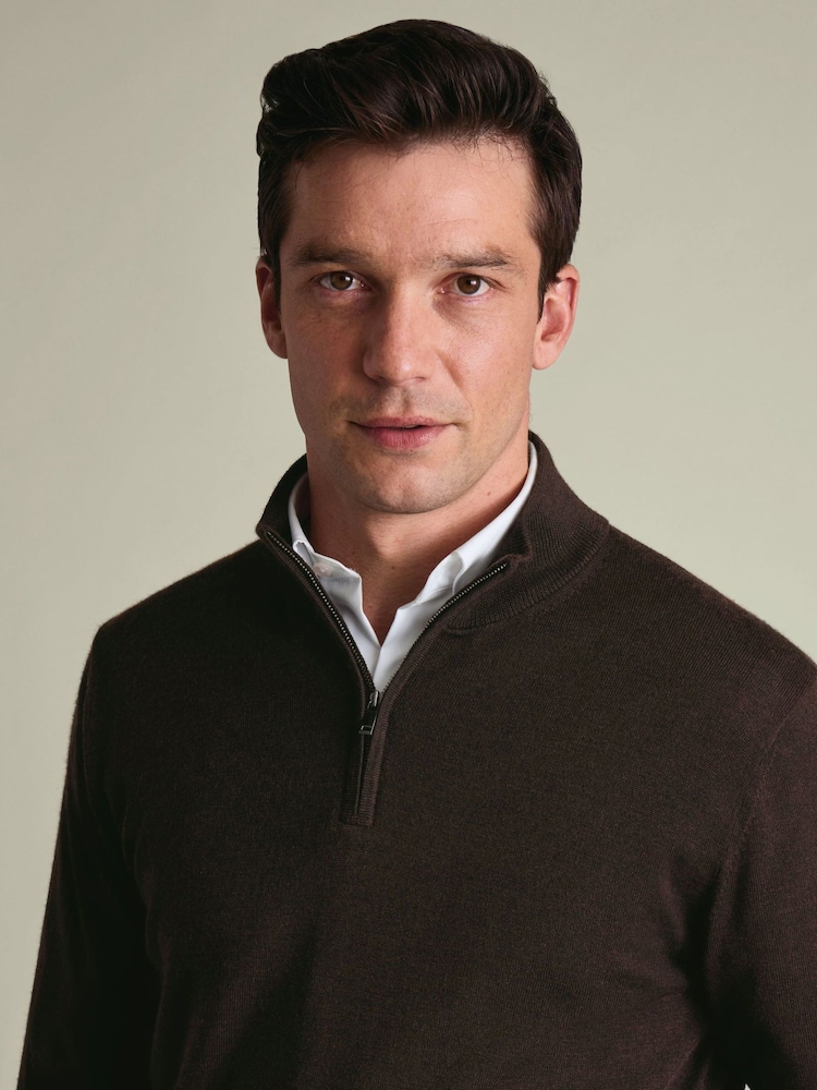 Charles Tyrwhitt Chocolate Brown Pure Merino Quarter Zip Jumper - Image 2 of 5 Charles Tyrwhitt Chocolate Brown Pure Merino Quarter Zip Jumper - Image 2 of 5
