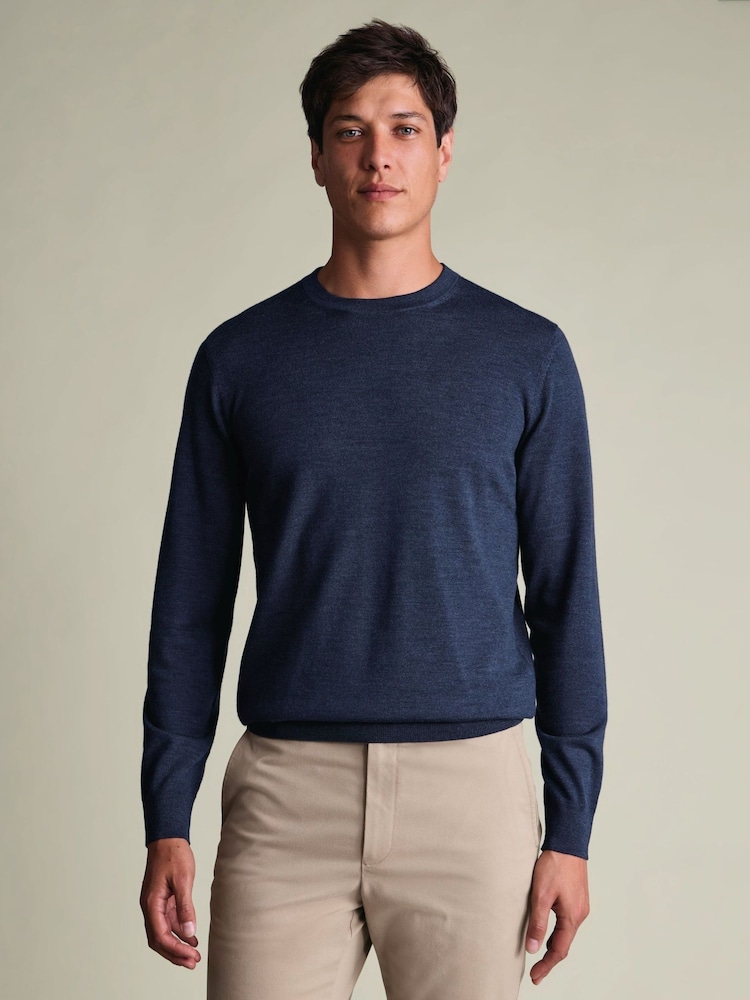 Charles Tyrwhitt Dark Blue Pure Merino Crew Neck Jumper - Image 1 of 5