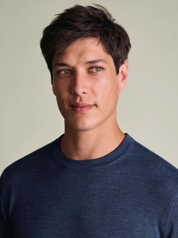 Charles Tyrwhitt Dark Blue Pure Merino Crew Neck Jumper - Image 2 of 5