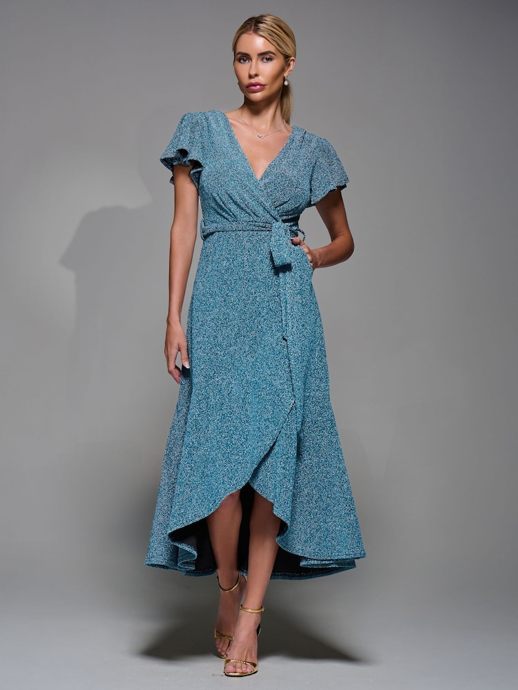 Jolie Moi Blue Metallic Angel Sleeve Wrap Maxi Dress - Image 1 of 6 Jolie Moi Blue Metallic Angel Sleeve Wrap Maxi Dress - Image 1 of 6