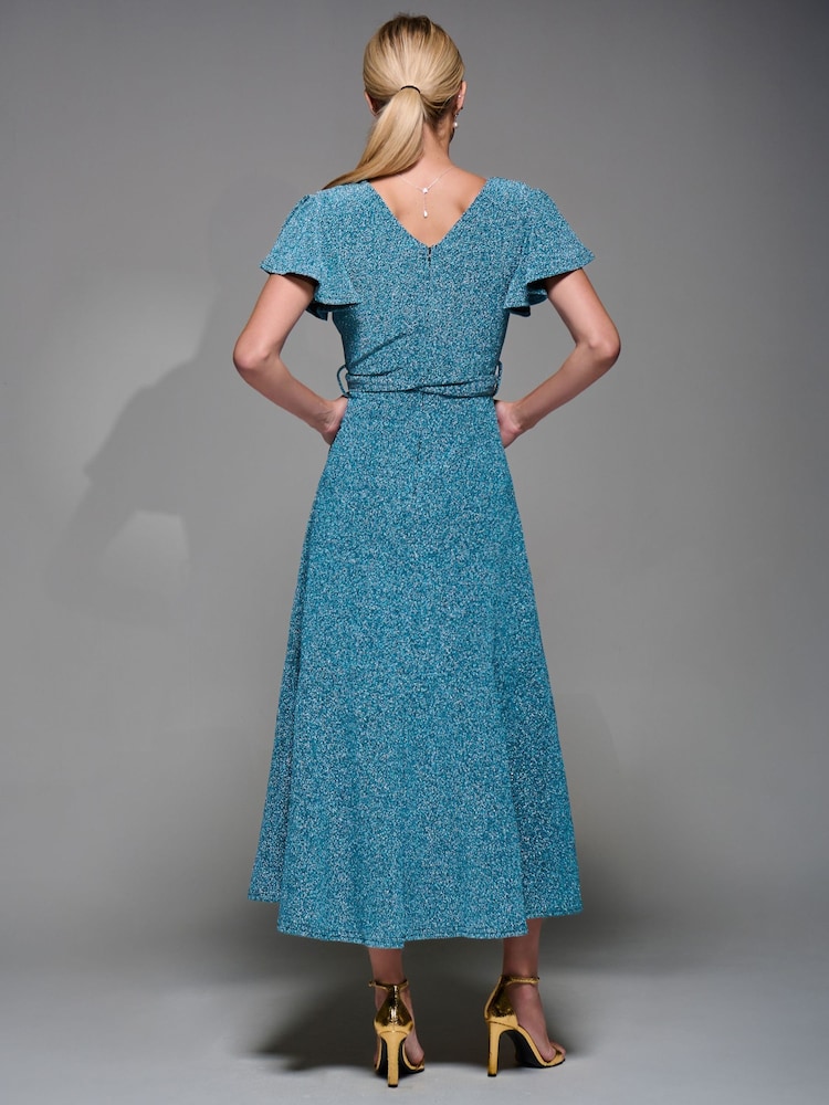 Jolie Moi Blue Metallic Angel Sleeve Wrap Maxi Dress - Image 2 of 6 Jolie Moi Blue Metallic Angel Sleeve Wrap Maxi Dress - Image 2 of 6