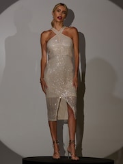 Jolie Moi Natural Cross Neck Sequin V Hem Bodycon Dress - Image 6 of 6
