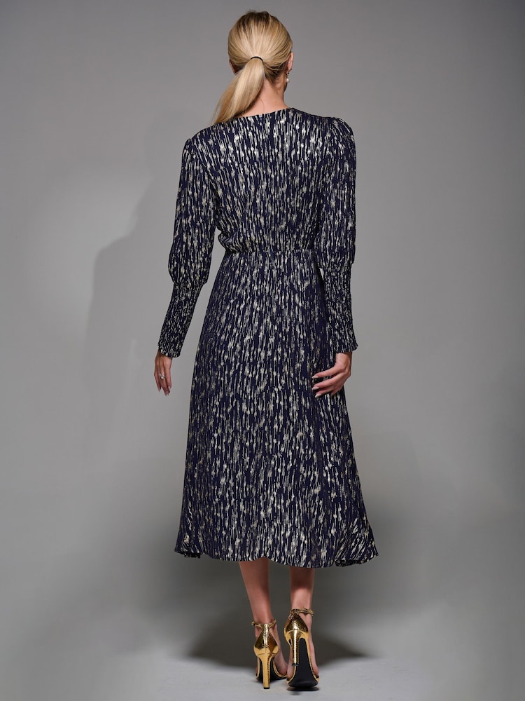 Jolie Moi Gold Long Puff Sleeve Metallic Midi Dress - Image 2 of 6 Jolie Moi Gold Long Puff Sleeve Metallic Midi Dress - Image 2 of 6
