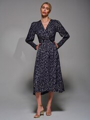Jolie Moi Gold Long Puff Sleeve Metallic Midi Dress - Image 4 of 6