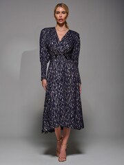 Jolie Moi Gold Long Puff Sleeve Metallic Midi Dress - Image 6 of 6
