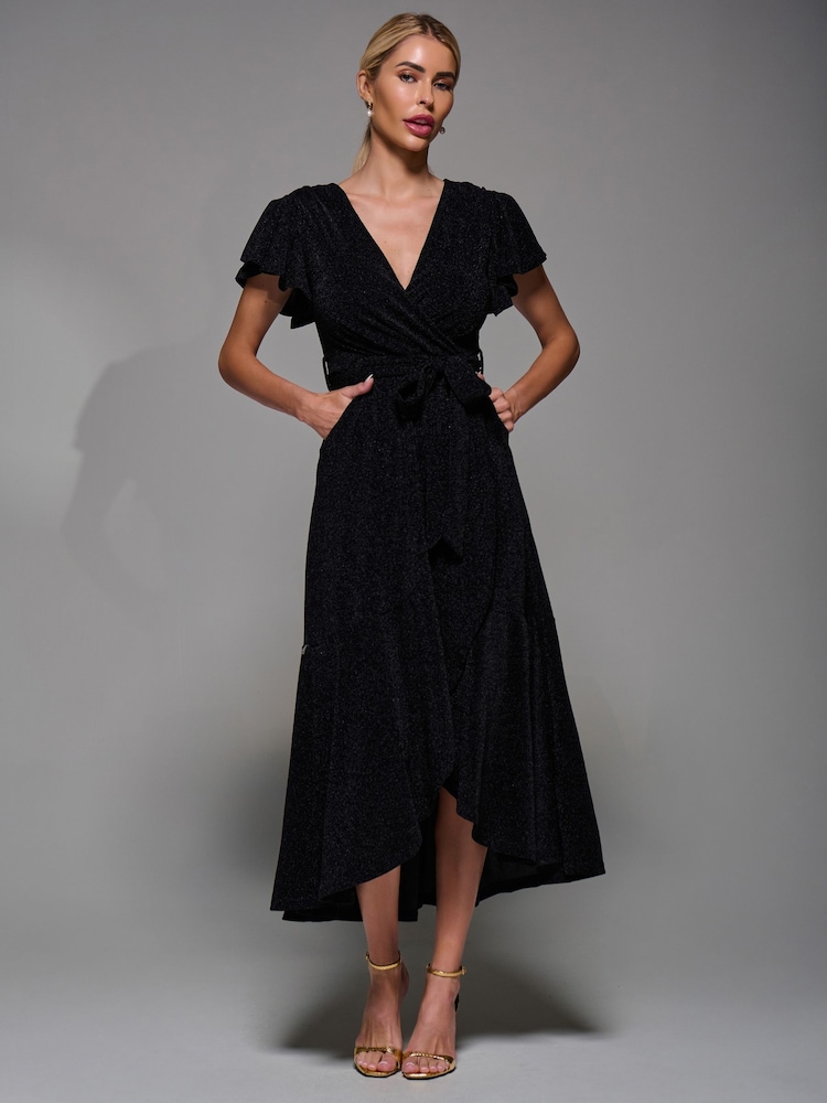 Jolie Moi Black Metallic Angel Sleeve Wrap Maxi Dress - Image 1 of 6 Jolie Moi Black Metallic Angel Sleeve Wrap Maxi Dress - Image 1 of 6