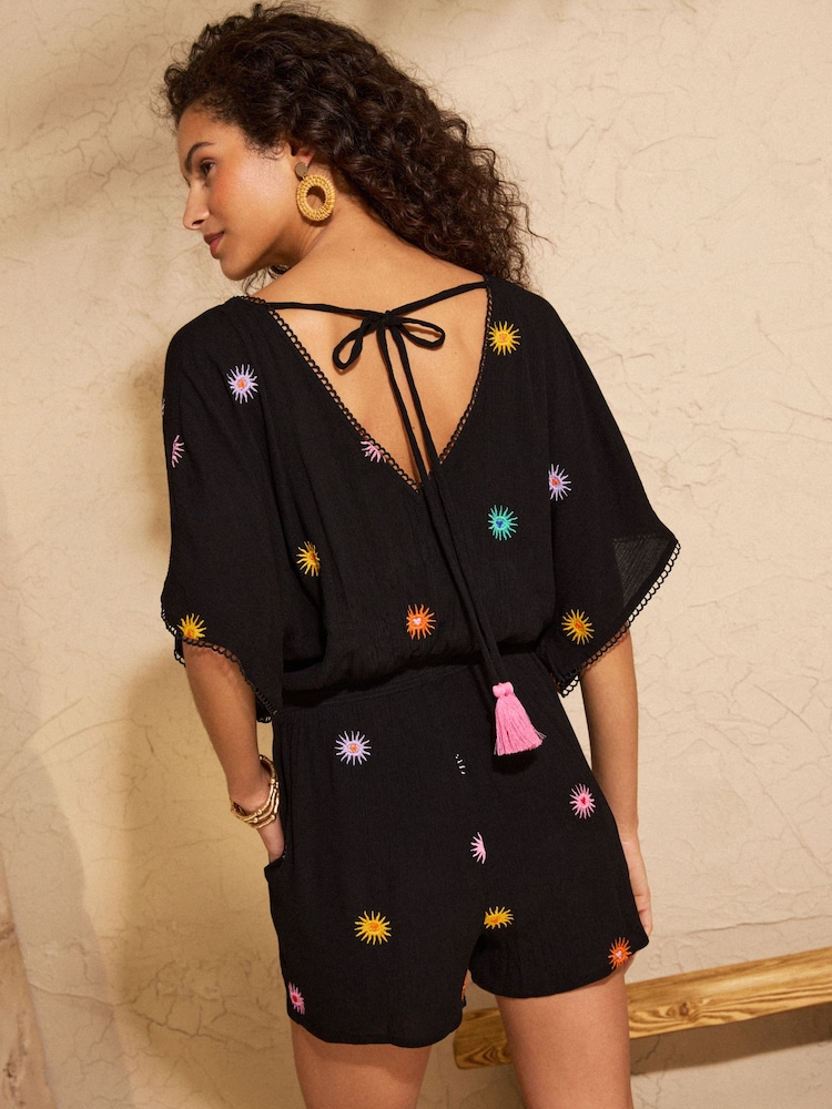 Love & Roses Black Sun Petite Embroidered V-Neck Playsuit - Image 4 of 4 Love & Roses Black Sun Petite Embroidered V-Neck Playsuit - Image 4 of 4
