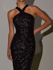 Jolie Moi Halter Neck Sequin Wrap Midi Dress - Imagen 3 de 6