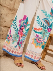 Love & Roses Ivory Tropical Parrot Embroidered Print Petite Beach Wide Leg Trousers - Image 2 of 4