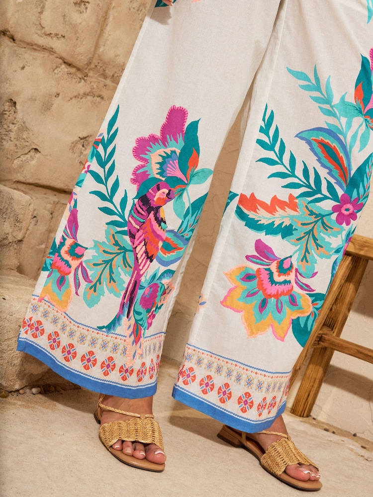 Love & Roses Ivory Tropical Parrot Embroidered Print Petite Beach Wide Leg Trousers - Image 2 of 4