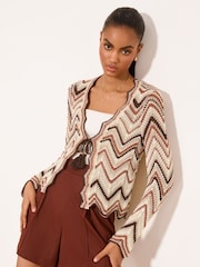 Lipsy Brown/Cream Zig Zag Metallic Long Sleeve Crochet Tie Front Knit Cardigan - Image 1 of 5