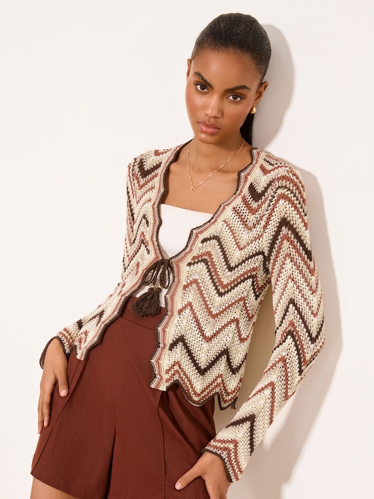 Lipsy Brown/Cream Zig Zag Metallic Long Sleeve Crochet Tie Front Knit Cardigan - Image 1 of 5