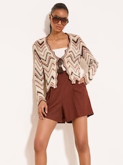 Lipsy Brown/Cream Zig Zag Metallic Long Sleeve Crochet Tie Front Knit Cardigan - Image 2 of 5