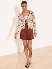 Lipsy Brown/Cream Zig Zag Metallic Long Sleeve Crochet Tie Front Knit Cardigan - Image 3 of 5
