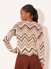 Lipsy Brown/Cream Zig Zag Metallic Long Sleeve Crochet Tie Front Knit Cardigan - Image 4 of 5