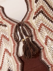 Lipsy Brown/Cream Zig Zag Metallic Long Sleeve Crochet Tie Front Knit Cardigan - Image 5 of 5