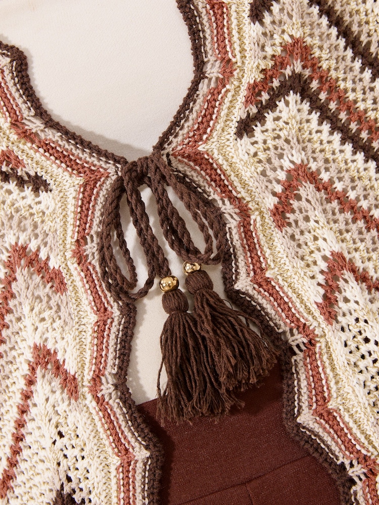 Lipsy Brown/Cream Zig Zag Metallic Long Sleeve Crochet Tie Front Knit Cardigan - Image 5 of 5