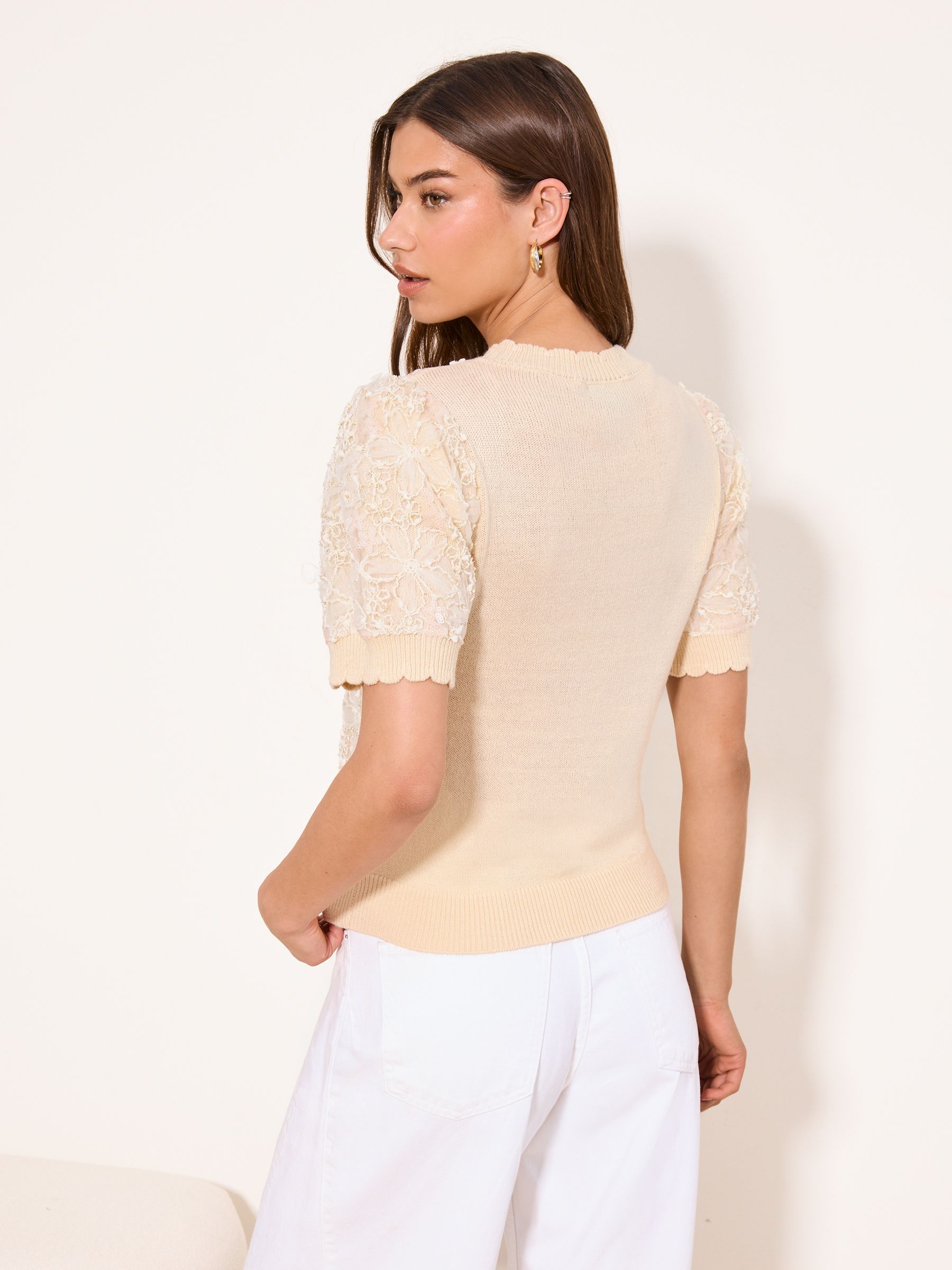 Buy Lipsy Cream Embellished Lace Detail Short Sleeve Crew Neck
