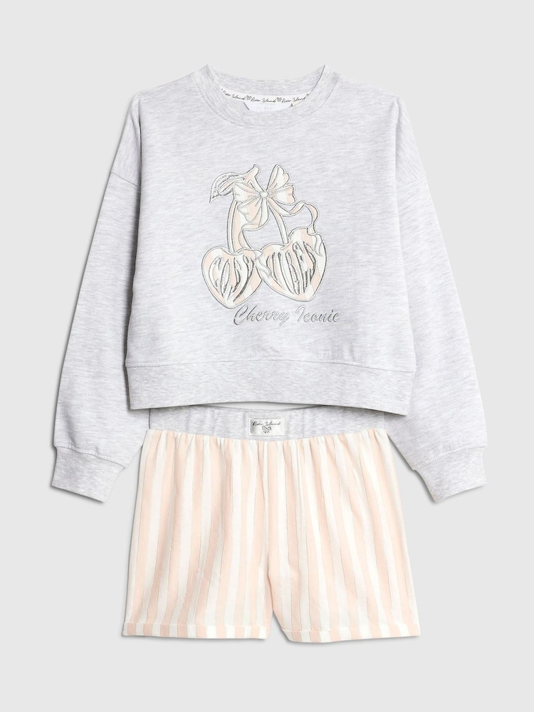 River Island Grey Cherry Sweat & Stripe Short Pyjamas Set - Image 1 of 4