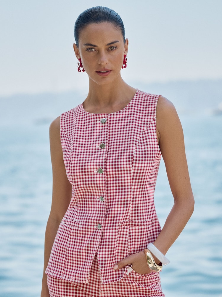 Love & Roses Red And White Gingham Denim Waistcoat - Image 2 of 4