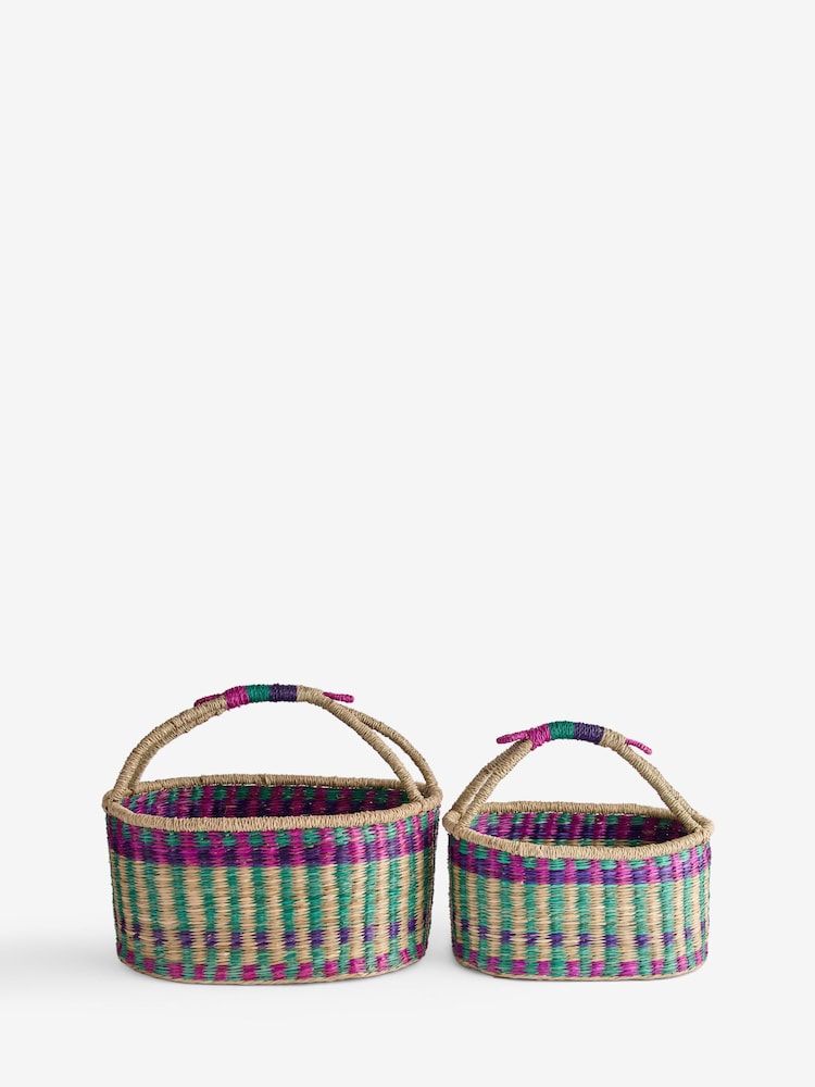 Set of 2 Multi Pink & Green Bright Woven Storage Baskets - Image 1 of 1 Set of 2 Multi Pink & Green Bright Woven Storage Baskets - Image 1 of 1