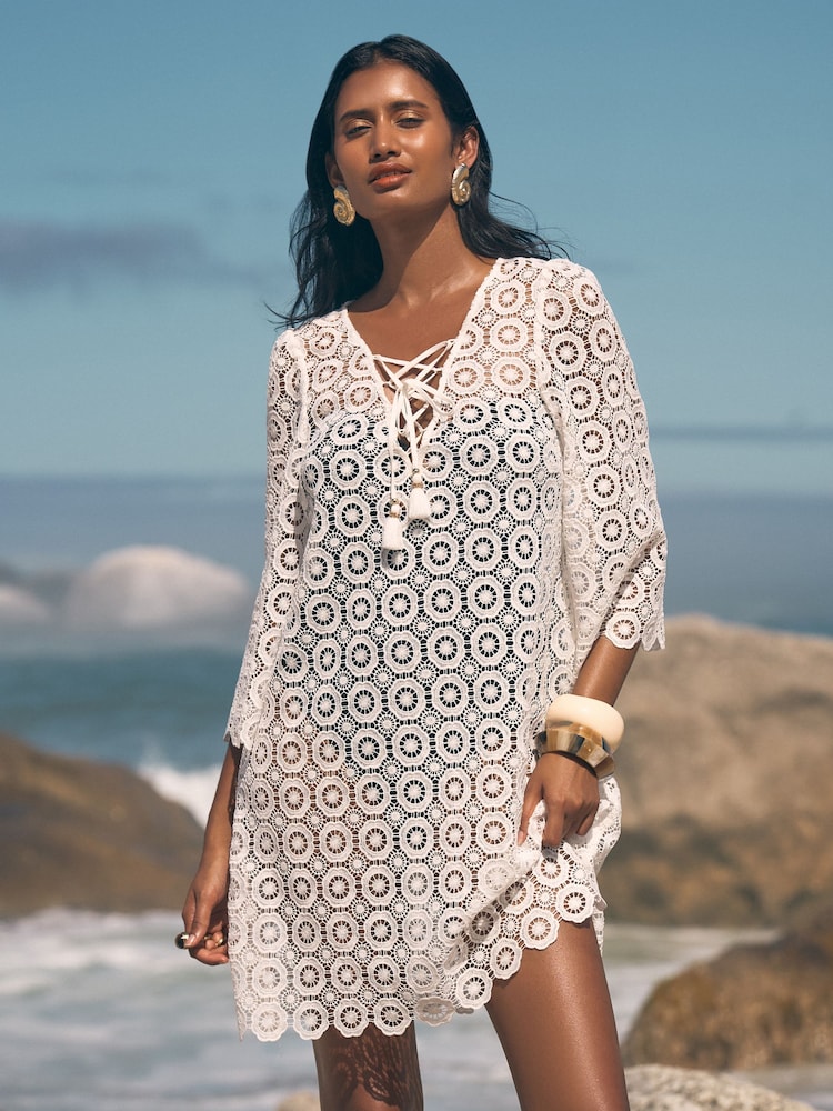 Love & Roses White Crochet Tie Front Kaftan - Image 1 of 4