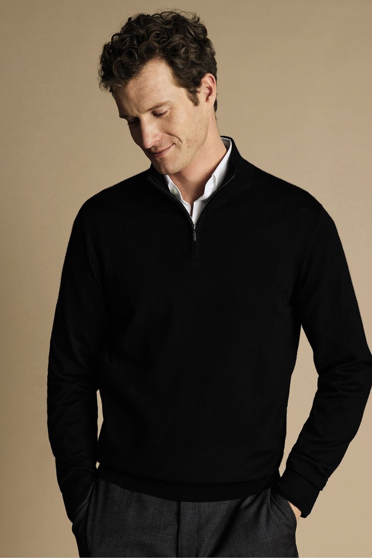 Charles Tyrwhitt Black Pure Merino Quarter Zip Jumper - Image 1 of 4