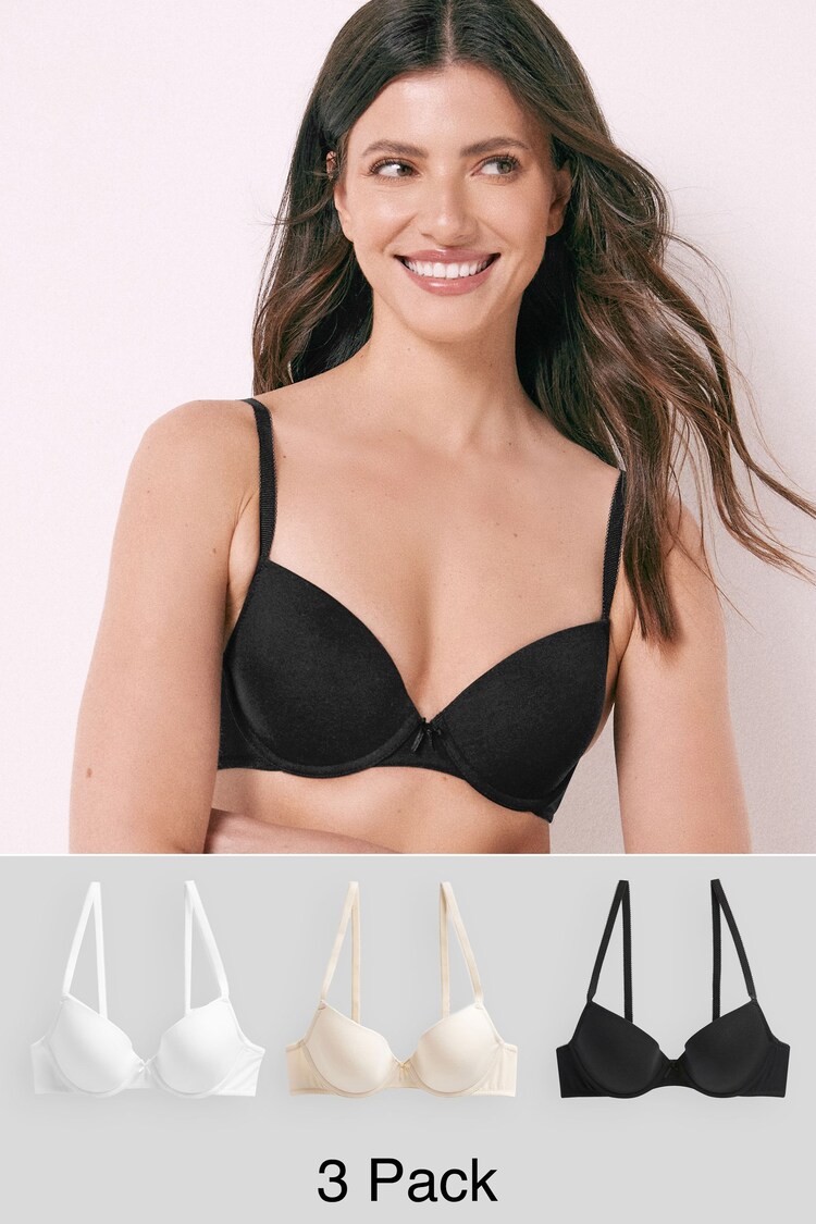 Black/White/Pastel Rose Nude Pad Plunge Cotton Blend Ultimate Comfort Bras 3 Pack A-E - Image 1 of 7