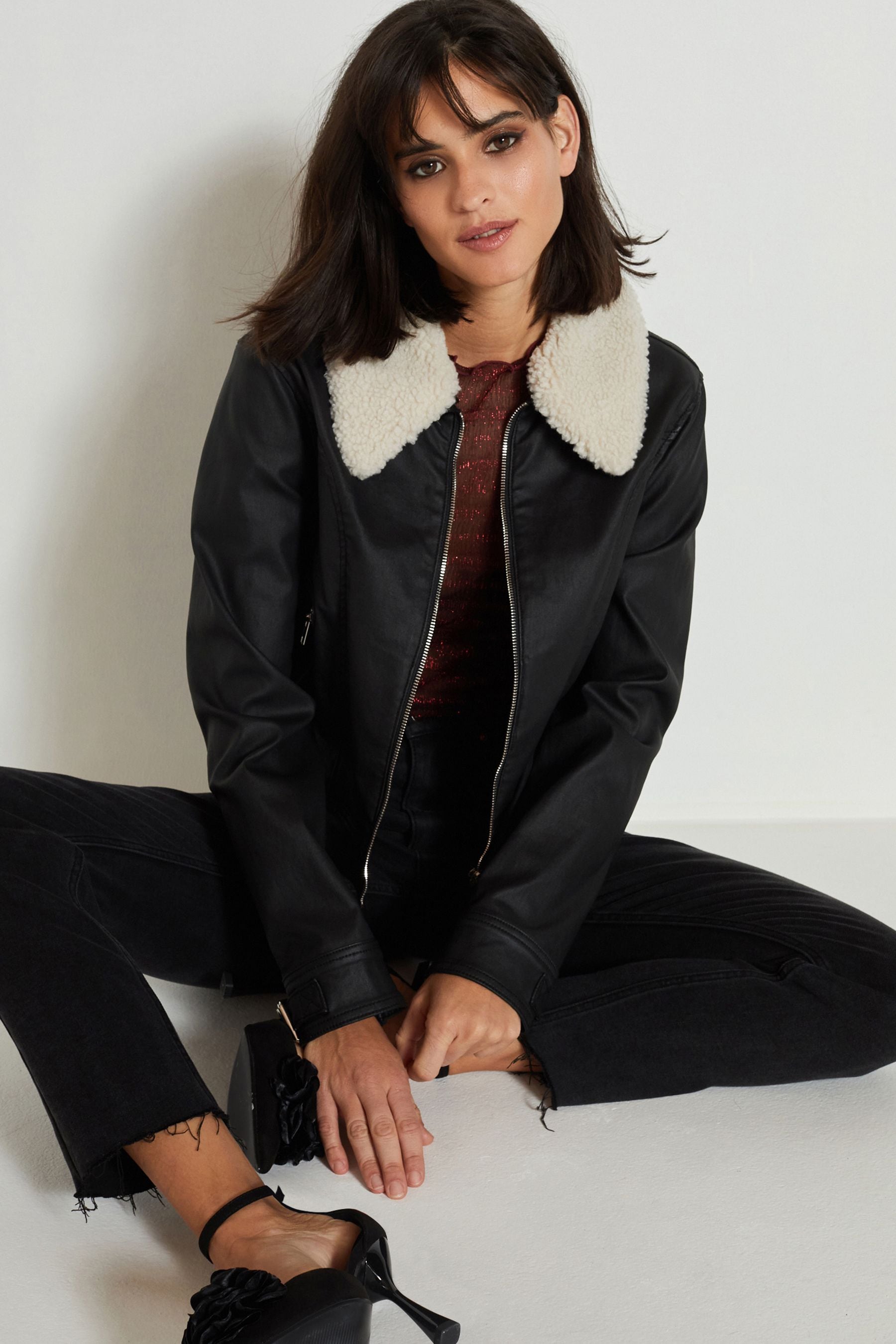 Buy Black Coated Borg Collar Biker Jacket from Next Luxembourg