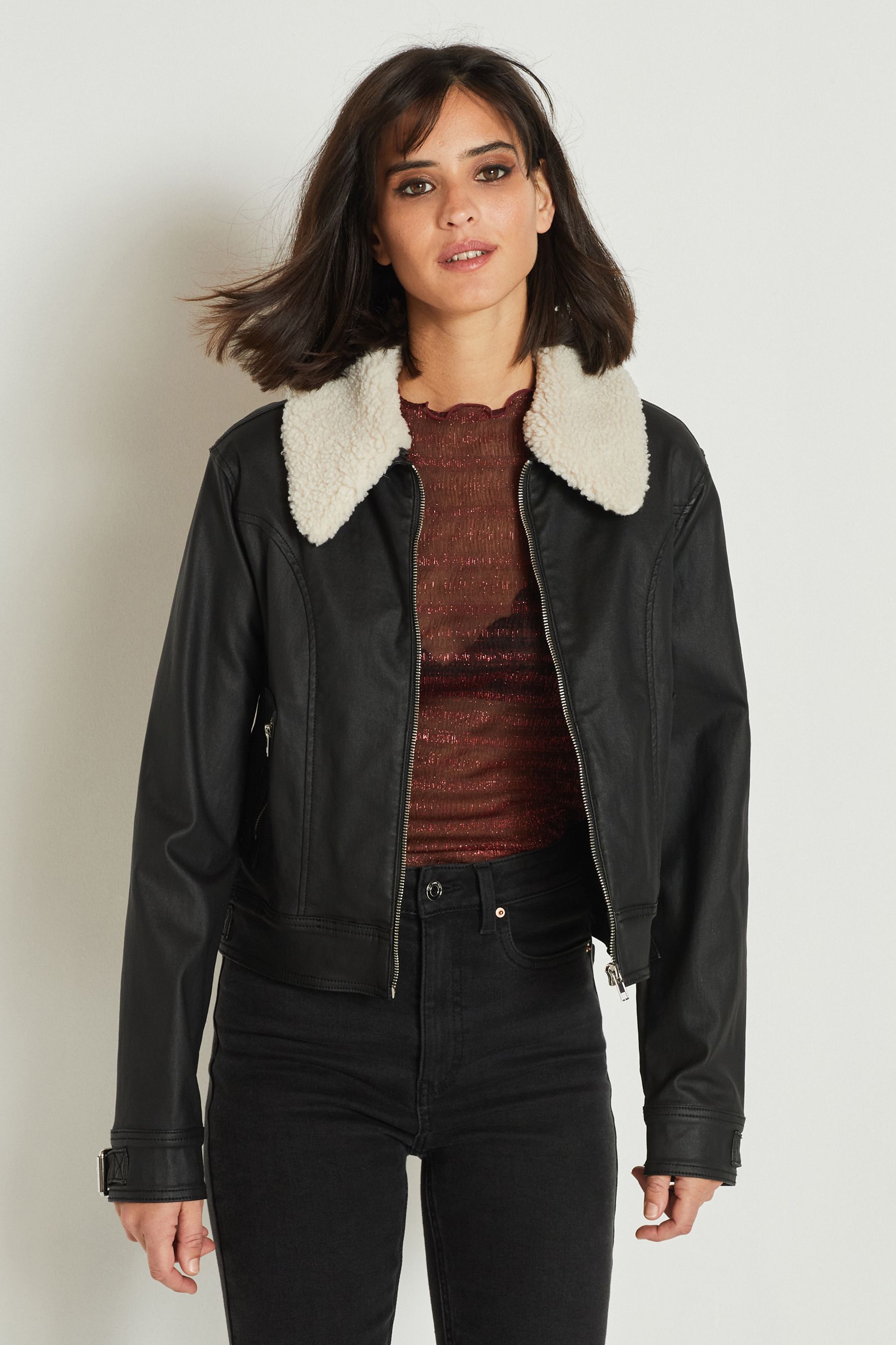 Buy Black Coated Borg Collar Biker Jacket from Next Luxembourg