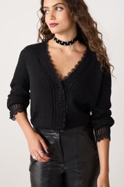 Black Scallop Detail Lace Trim Cardigan - Image 1 of 6