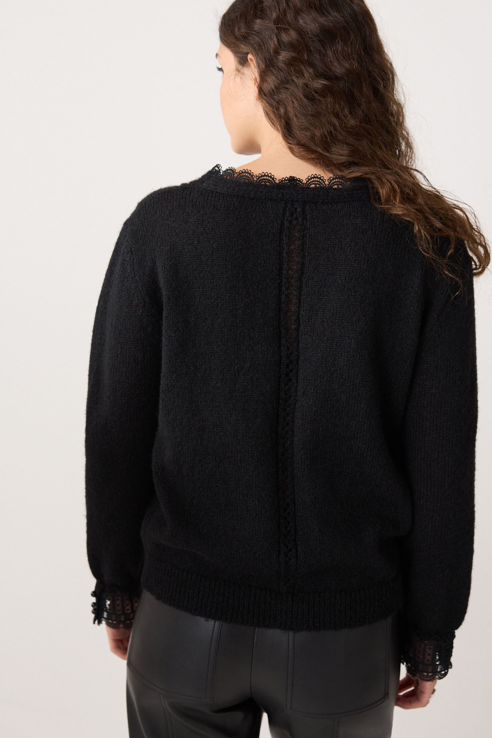 Black Scallop Detail Lace Trim Cardigan - Image 3 of 6