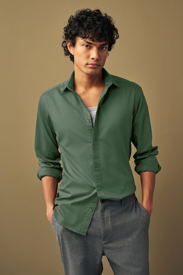 Dark Green Slim Fit Washed Textured Cotton Shirt