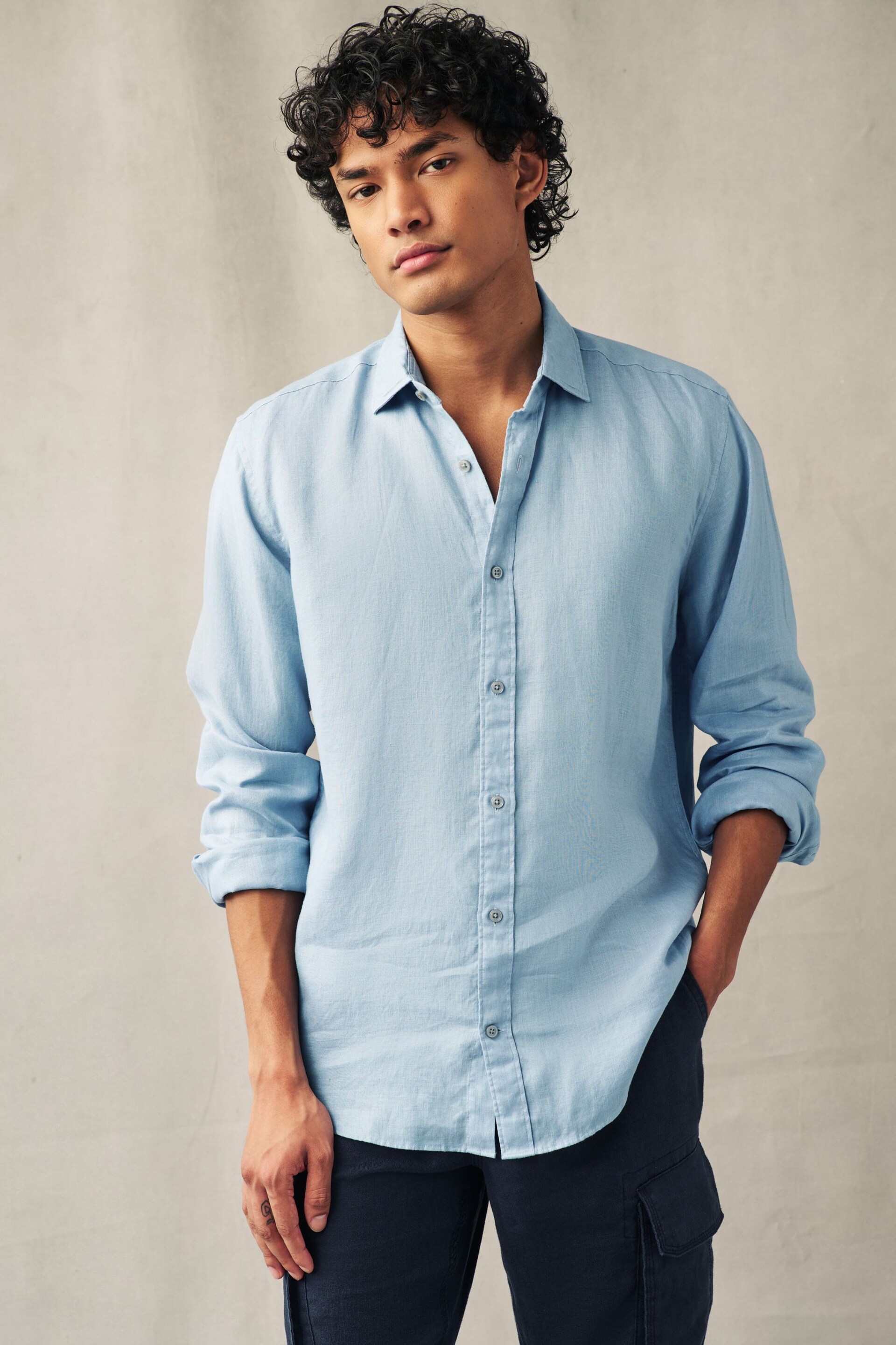 Dusky Blue Regular Fit 100% Linen Long Sleeve Shirt - Image 1 of 8