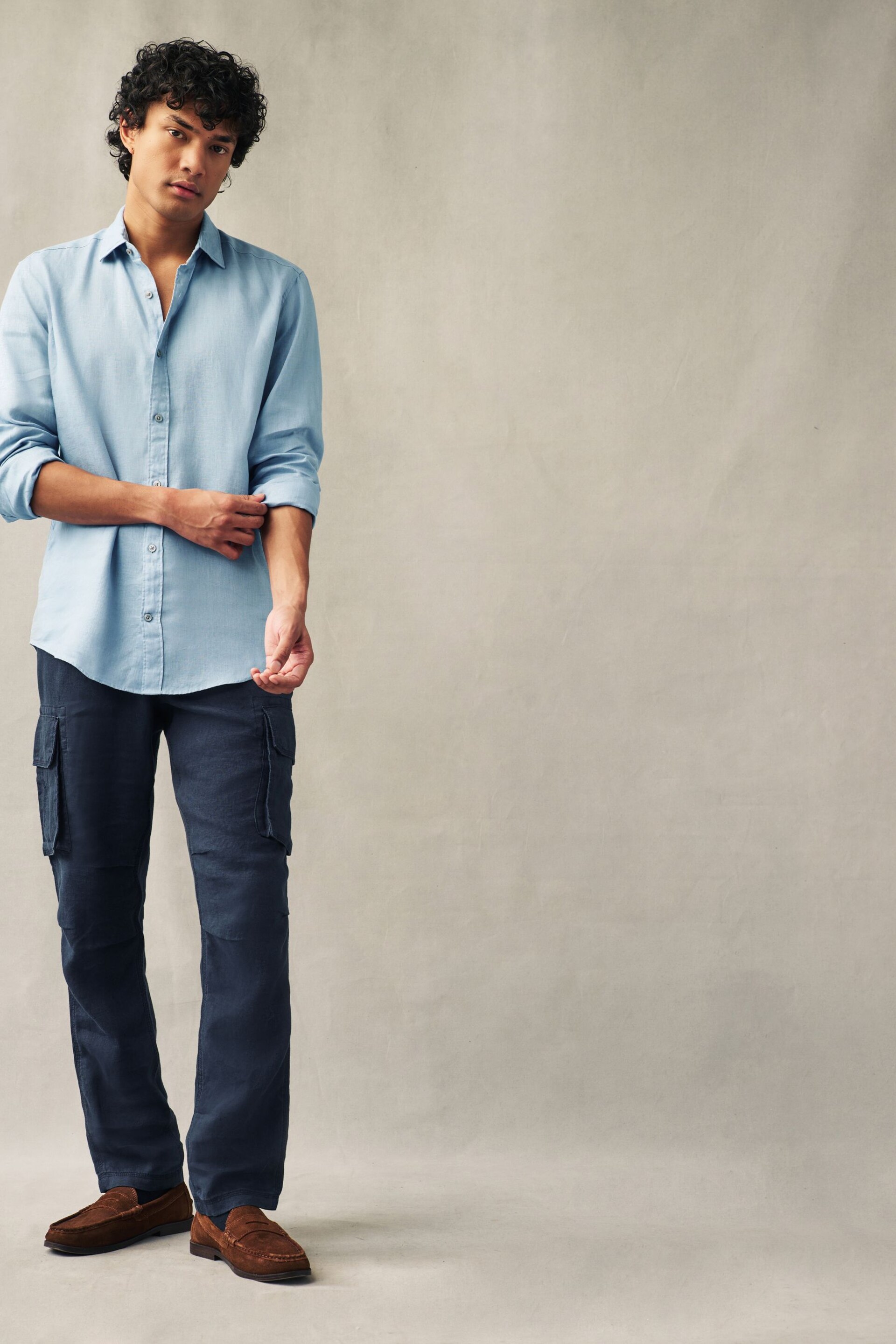 Dusky Blue Regular Fit 100% Linen Long Sleeve Shirt - Image 2 of 8