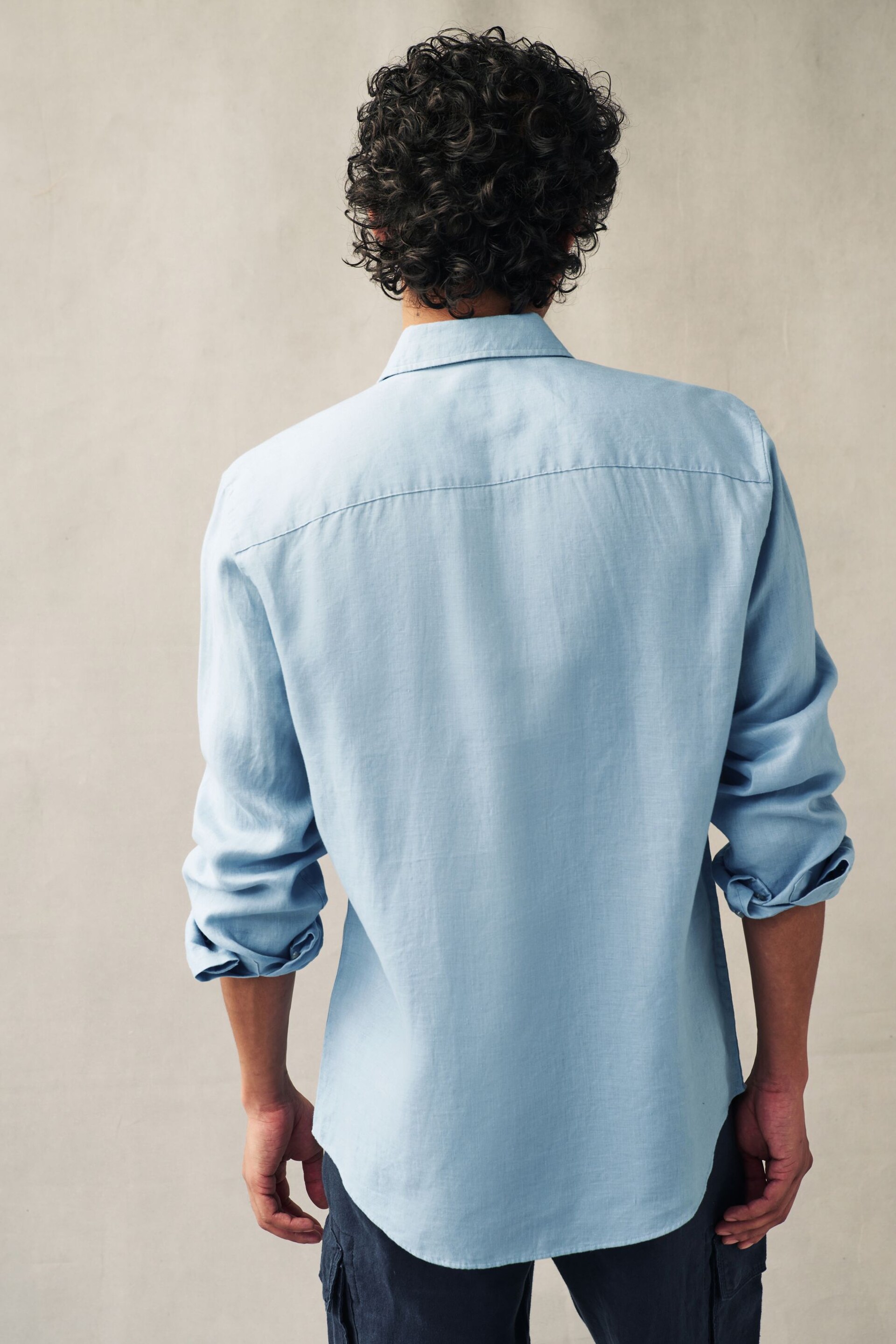 Dusky Blue Regular Fit 100% Linen Long Sleeve Shirt - Image 3 of 8