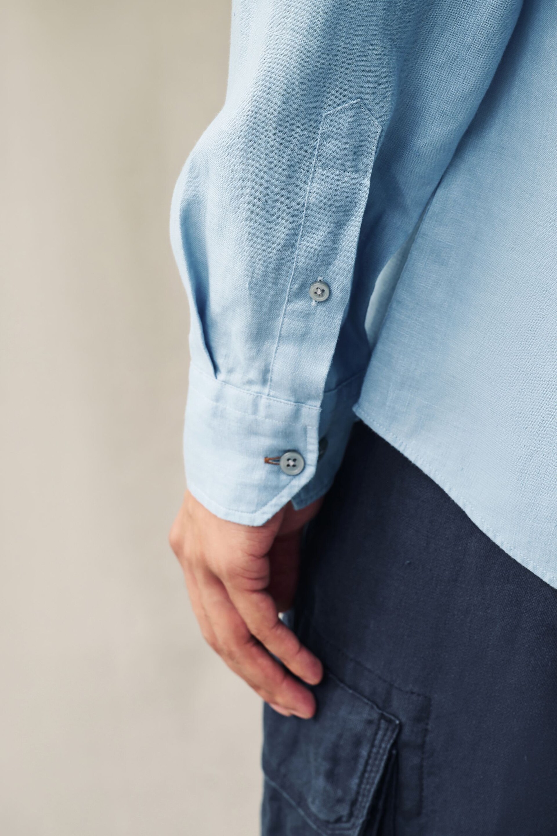 Dusky Blue Regular Fit 100% Linen Long Sleeve Shirt - Image 6 of 8