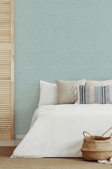 A Street Aqua Blue Grasscloth Textured Wallpaper