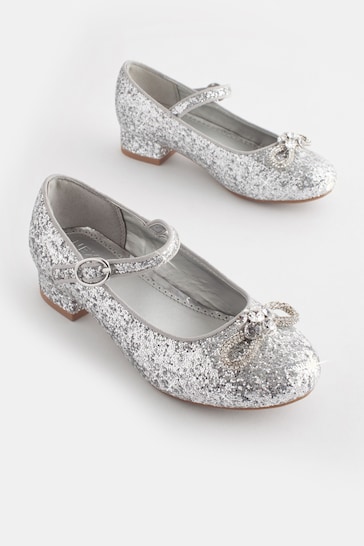 Silver Glitter Bow Mary Jane Occasion Heel Shoes
