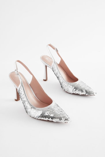 Silver Forever Comfort® Sequin Point Toe Slingback Heels