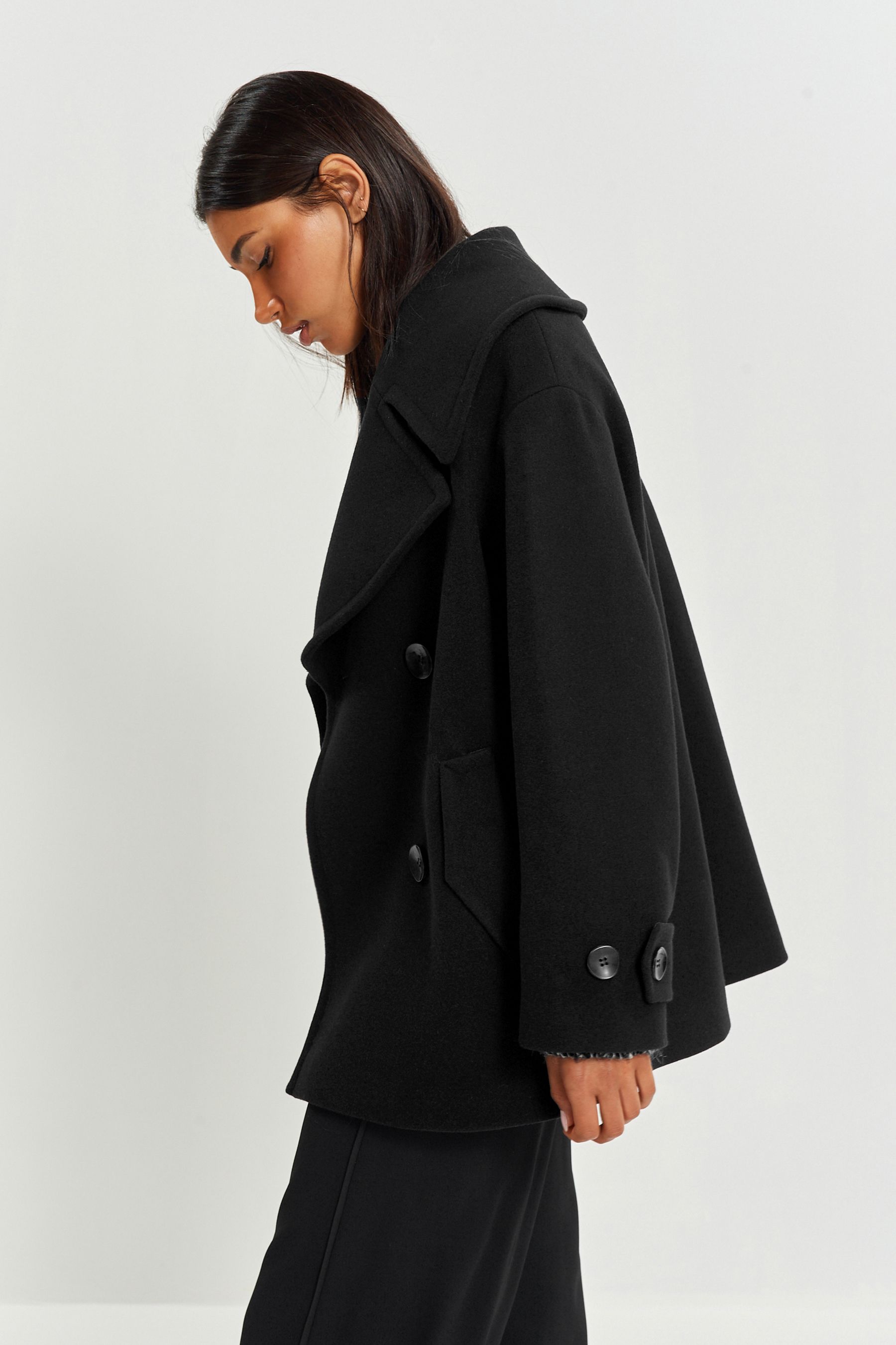 Buy Black Double Breasted Long Sleeved Peacoat from Next Luxembourg