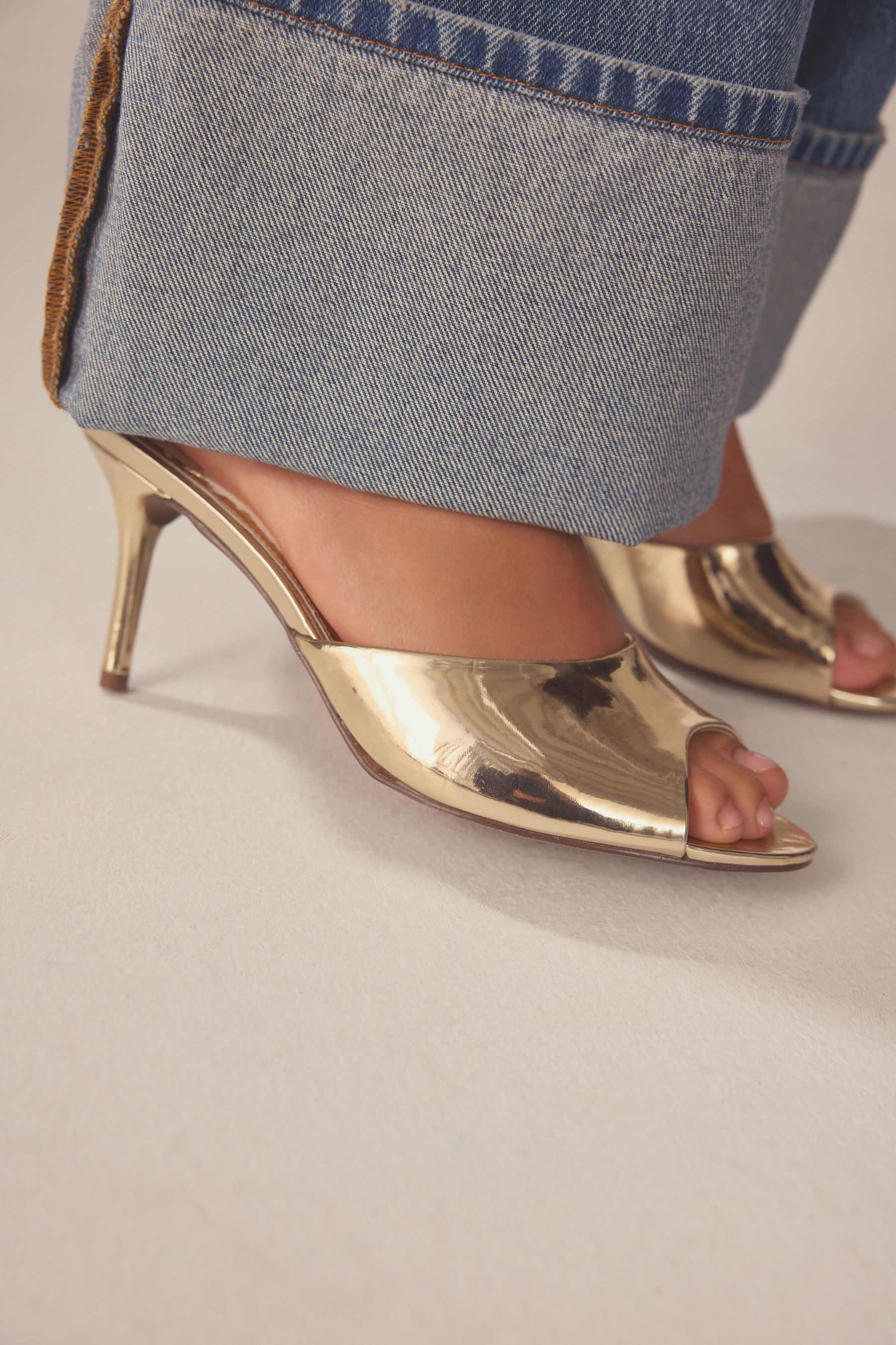 Gold Forever Comfort Peep Toe Heeled Mules