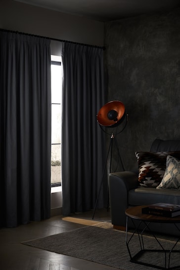 Steel Grey Cotton Blackout/Thermal Pencil Pleat Curtains