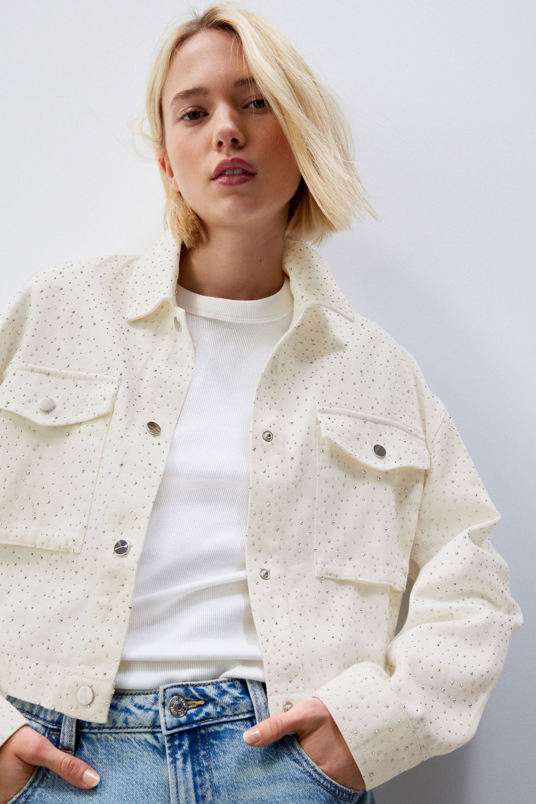 NEXT White 100 Cotton Western Rhinestone Jacket Large Womens