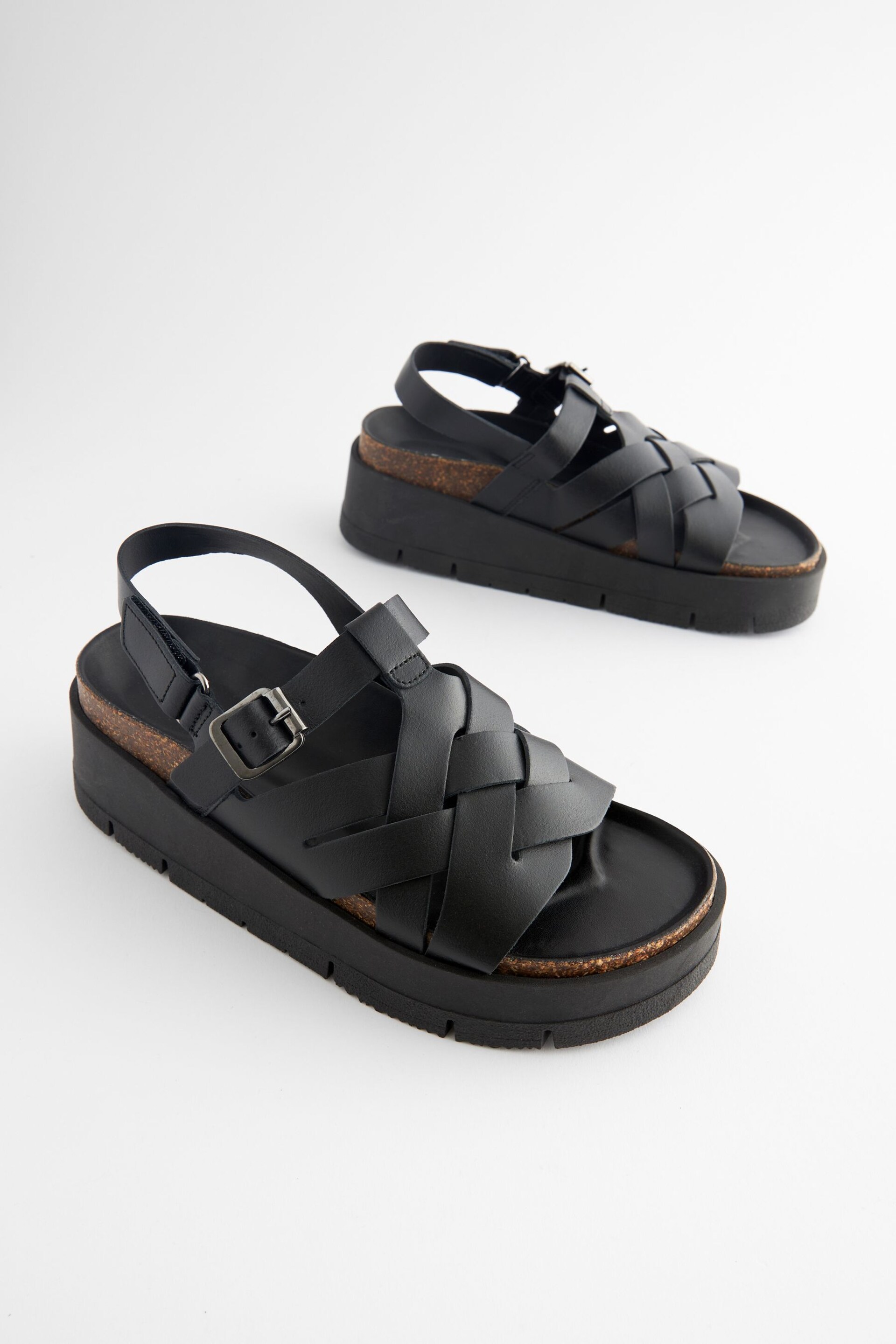 Black Leather Weave Flatform Wedge Sandals - Image 1 of 5