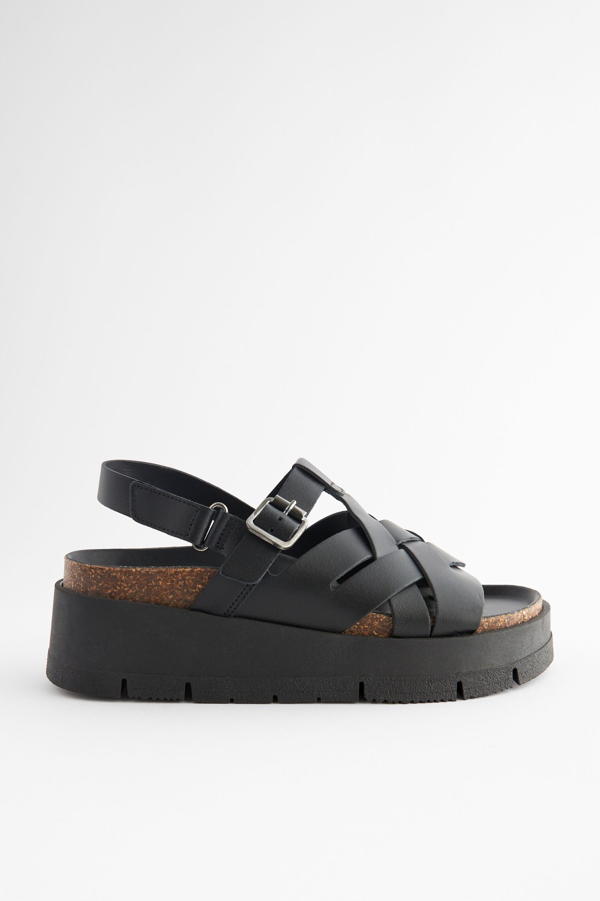 Black Leather Weave Flatform Wedge Sandals - Image 2 of 5