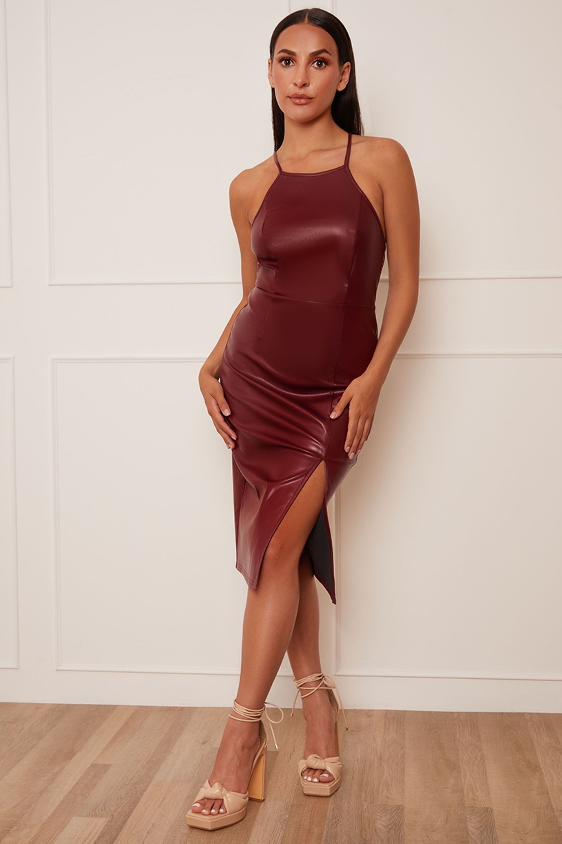 Chi Chi London Red Petite Halter Neck PU Bodycon Dress