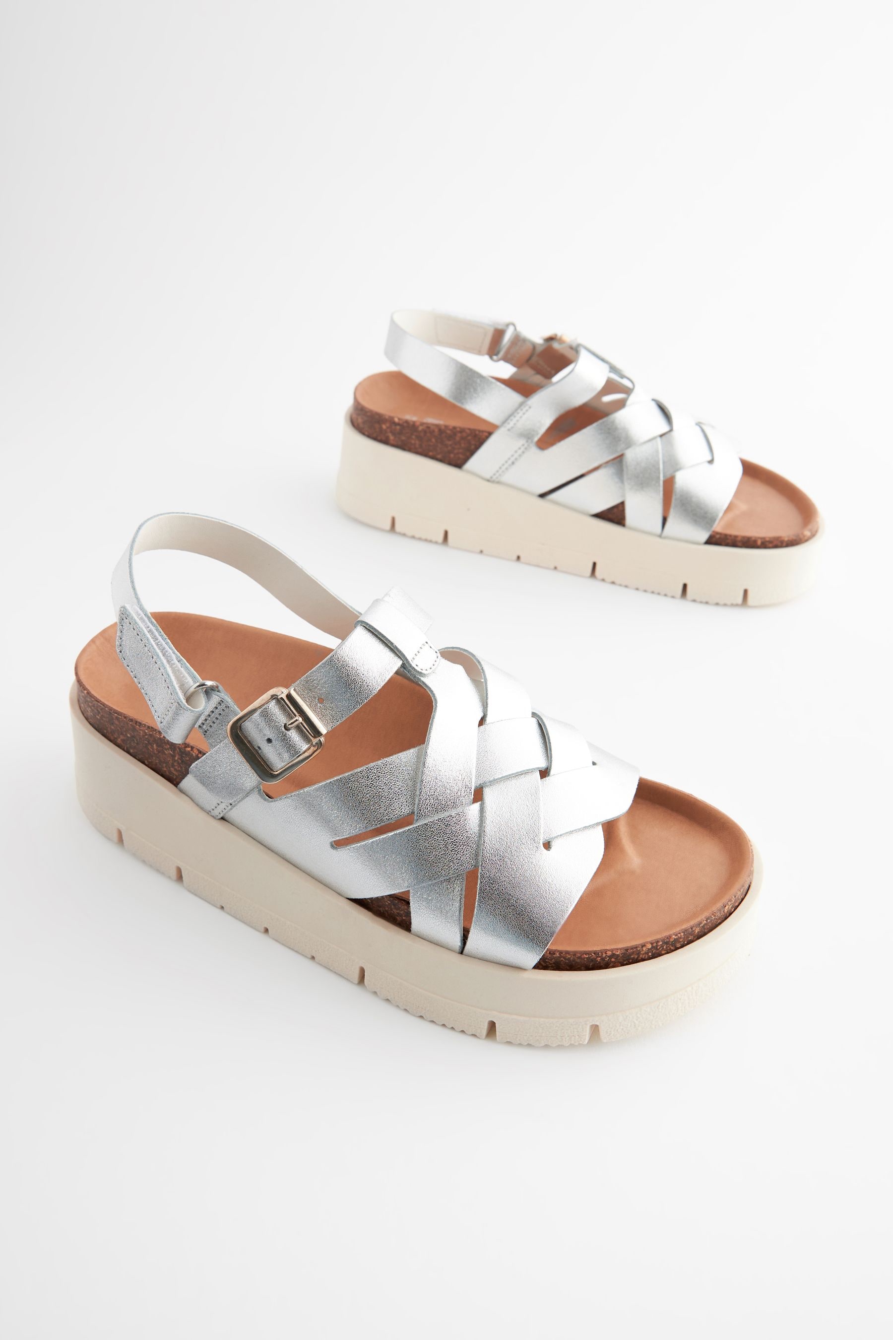 Buy Silver Leather Weave Flatform Wedge Sandals from Next Luxembourg