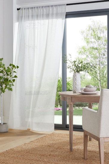 White Linen Look Slot Top Voile Unlined Sheer Panel Curtain